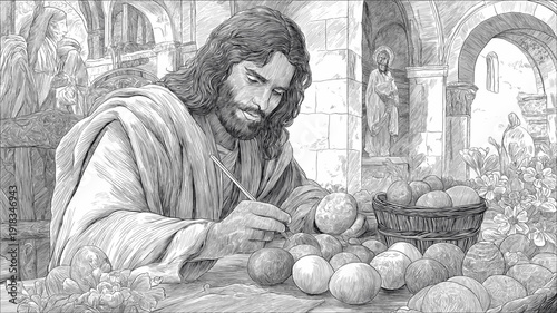 Jesus painting colorful Easter eggs for Easter holiday. Easter wallpaper. Jesus Christ decorating vibrant Easter eggs on a table with brushes and paint