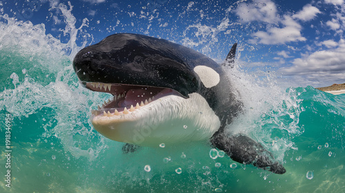 Wallpaper Mural Orca breaches in the ocean. Bright blue sky and spray frame the moment. Torontodigital.ca