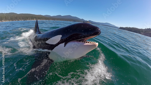 Wallpaper Mural Killer whale breaches the ocean near the coastline with mountains in the distance. Sunlight glints on the water as the whale opens its jaws. Torontodigital.ca