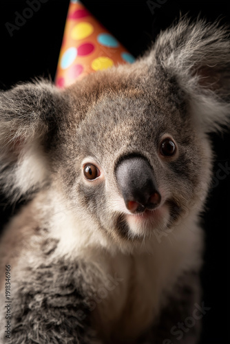 Wallpaper Mural Koala wearing a colorful party hat for a birthday in a studio. Festive colors and wide eyes create a playful moment. Torontodigital.ca