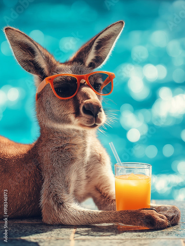 Wallpaper Mural Kangaroo wearing orange sunglasses lounges by a pool. A glass of orange juice sits nearby. Torontodigital.ca