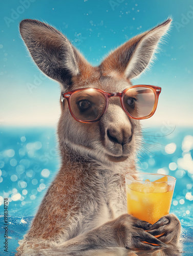Wallpaper Mural Kangaroo holds a glass of orange juice at the beach. Sunny sea background supports a playful summer vibe. Torontodigital.ca