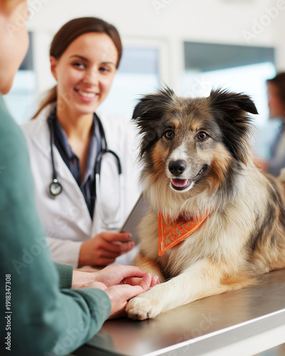 Wallpaper Mural Dog at a veterinary clinic sits on a metal examination table. The dog wears an orange bandana. Torontodigital.ca