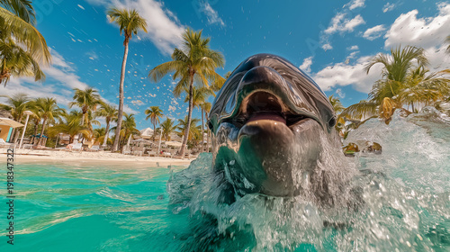 Wallpaper Mural Dolphin leaps toward the camera at a tropical beach resort pool. Sunny day with palm trees and turquoise water. Torontodigital.ca