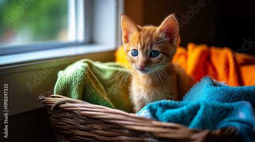 Wallpaper Mural Orange kitten in a wicker basket sits by a sunlit window. Colorful blankets surround the kitten. Torontodigital.ca