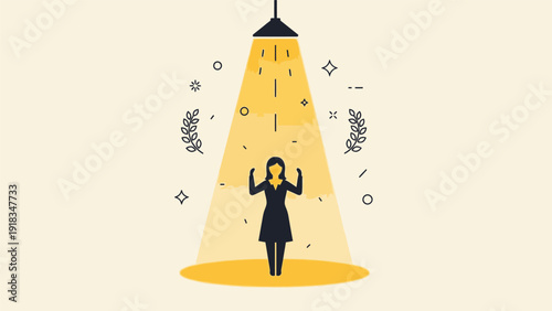 Woman Standing Under Spotlight with Confetti.