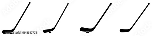 Four silhouettes of hockey sticks in varying positions, black, club, golf, golf club, golfer, ink, line, liquid, pole, profile, stick, swing, tool, against transparent background