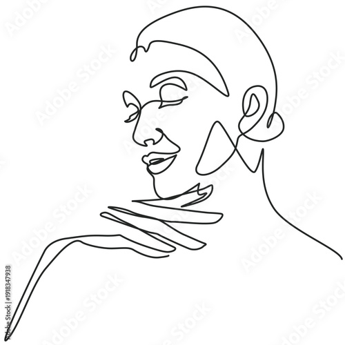 Charming woman holding hand under chin one line drawing. Charming woman holding hand under chin single line illustration. Charming woman holding hand under chin minimalist line art