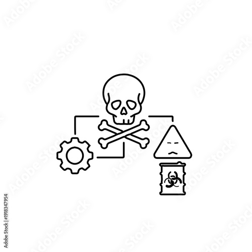 Toxic waste and chemical hazard icon with skull, biohazard barrel and industrial gear symbol