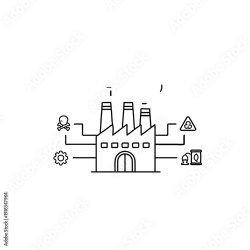 Industrial factory building line icon set, manufacturing plant with pollution, recycling and toxic waste symbols, linear vector illustration