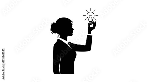 Woman Silhouette Holding Light Bulb Idea.