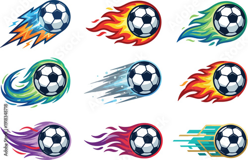 Soccer balls with colorful flames and speed effects  dynamic illustrations of footballs with vibrant fire and motion graphics for sports design