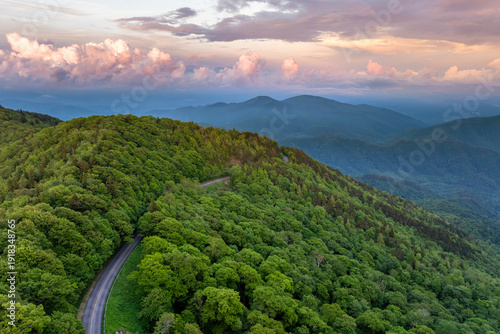 Fotografija Car road trip on Blue Ridge Parkway in North Carolina Appalachian mountains in summer season at sunset