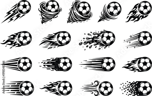 Soccer balls with dynamic motion effects and speed lines  various sports icons and graphics with balls in motion  energetic and fast moving soccer balls with abstract speed effects