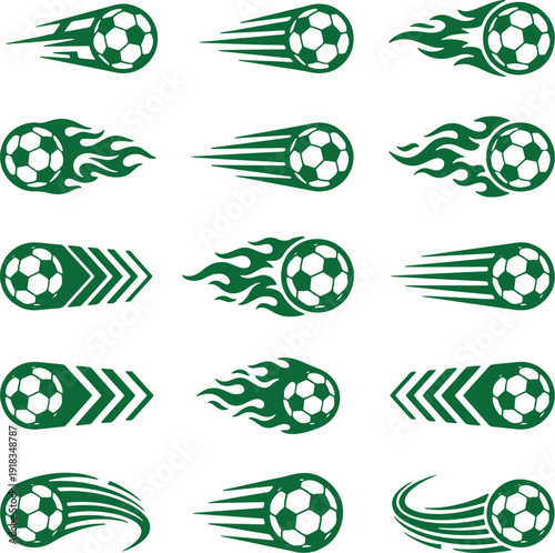 Soccer balls with speed and motion graphics  green icons  fast movement  flames  arrows  sports design elements