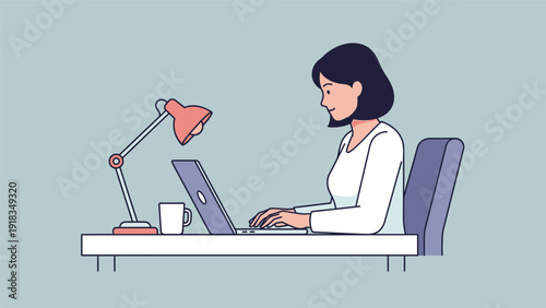 Woman Working on Laptop at Desk.