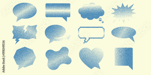 Halftone collage set of sixteen distressed speech bubbles in blue close up vector shapes varied angles pop art texture for editorial stickers labels retro playful design