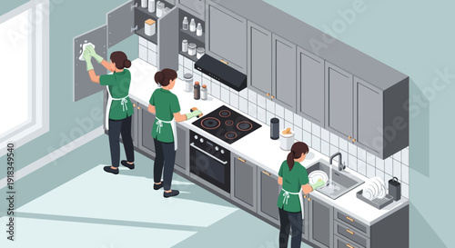 Isometric illustration of three janitors cleaning a modern kitchen with gray cabinets and white countertops