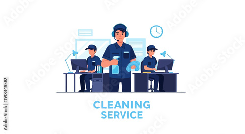 Illustration of cleaning service team working together with computers and cleaning supplies