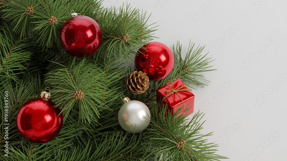 Fototapeta premium Festive Christmas decorations on a pine tree branch