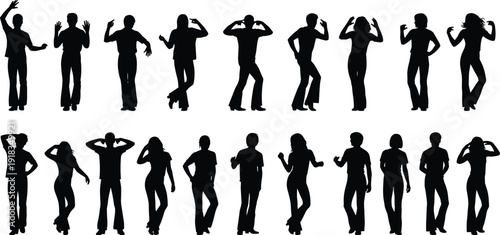 Set of young people silhouettes in various dancing and expressive poses, diverse group of men and women figures, isolated black icons,