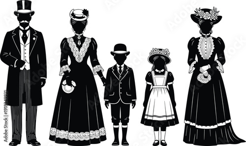 Set of Victorian family silhouettes in vintage formal attire, 19th century historical figures including men women and children, isolated black,