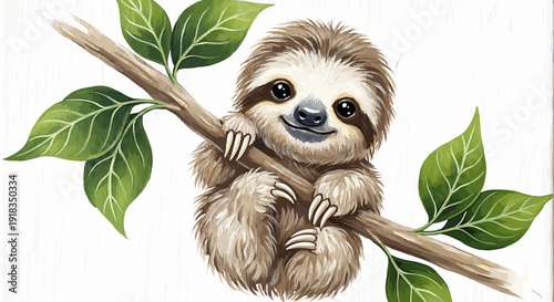 Adorable baby sloth illustration clinging to a green tree branch