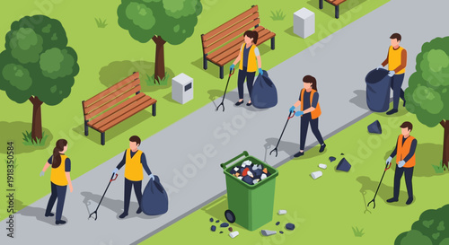 Illustration of people in orange vests cleaning up a park with trash grabbers and bags on a sunny day.