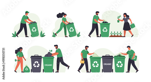 Illustration of diverse people recycling in various poses with green and gray bins on a white background