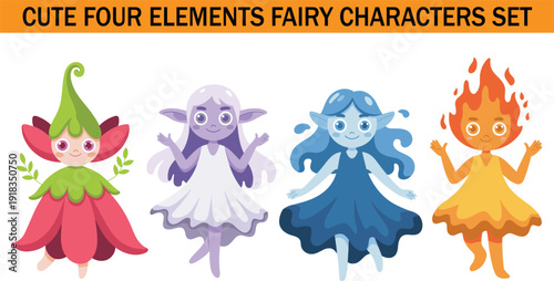 Cute four elements fairy characters set, colorful fantasy illustration featuring earth, air, water and fire magical girls, cartoon style vector collection, whimsical elemental concept isolated on whit