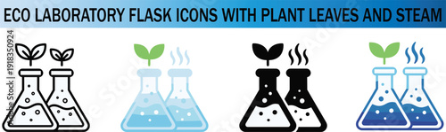 Eco laboratory flask icons with plant leaves and steam, environmental science concept set featuring sustainable research symbols, green chemistry elements, flat vector illustration isolated on white b