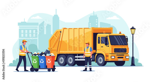 Illustration of sanitation workers with recycling bins and a garbage truck in an urban setting.