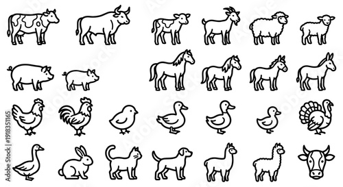 Line art illustration featuring a collection of various farm animals, including cows, pigs, horses, chickens, ducks, geese, rabbits, dogs, llamas, and turkeys.