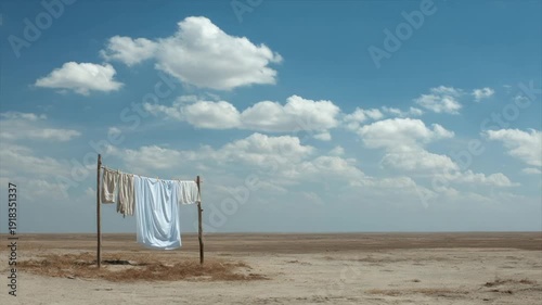 Wallpaper Mural Laundry hangs on a clothesline in a vast, arid landscape under a blue sky with clouds Torontodigital.ca
