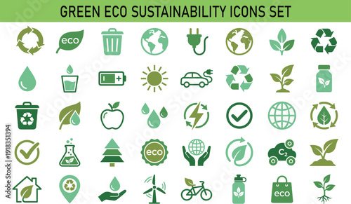 Green eco sustainability icons set, environmental protection and renewable energy collection featuring recycling symbols, solar panels, wind turbines, electric vehicle, water conservation, sustainable