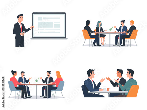 A minimalist illustration depicting a business meeting, conveying collaboration and focused discussion. Suitable for corporate websites, presentations