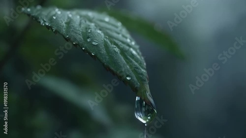 Wallpaper Mural Close-up of a green leaf with water droplets, one large drop ready to fall Torontodigital.ca