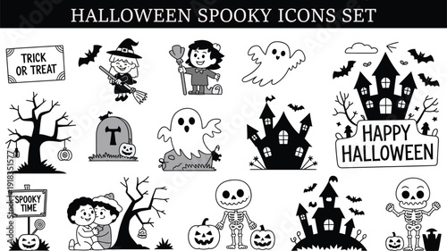 Halloween spooky icons set, black and white collection featuring haunted house, ghost, witch, pumpkin, bat, graveyard, trick or treat elements, festive horror theme vector illustration isolated on whi