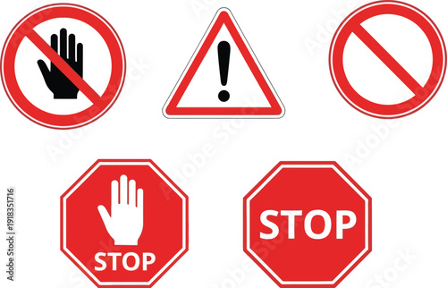 Traffic and road signs with stop and no entry symbols