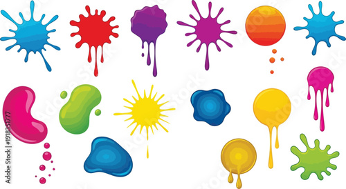Vibrant colorful paint splatters and blobs on white background