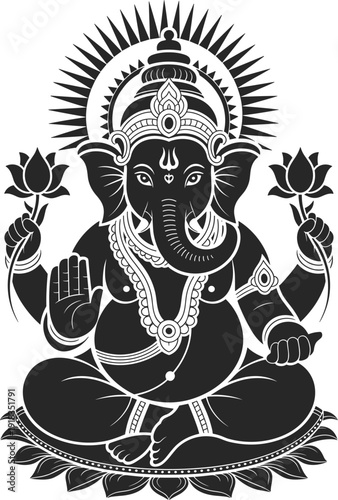 Ganesha Sitting on Lotus Flower with Sunburst Halo