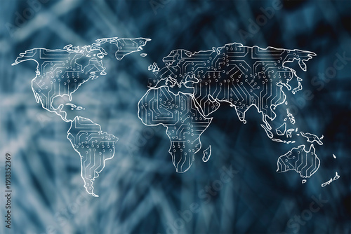 world map with digital microchip circuit pattern, artificial intelligence and the future of technology
