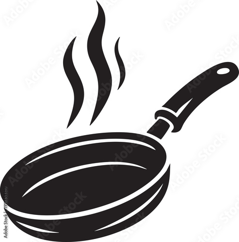 Black frying pan with steam rising simple vector illustration for cooking and food preparation concepts isolated on white