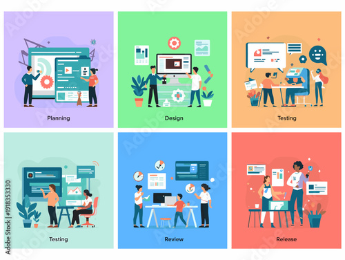 A peaceful illustration depicting a person caring for a houseplant in a modern office space. Ideal for concepts like wellbeing, biophilic design, and 