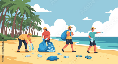 Illustration of people collecting trash on a beach with palm trees and ocean in the background