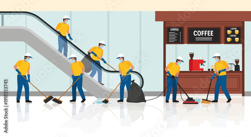 Illustration of janitors cleaning a mall with various equipment and a coffee shop in the background.