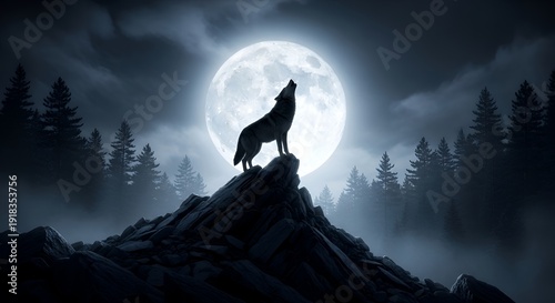 Majestic Howling Wolf Silhouette Standing on Rocky Clifftop Under Bright Full Moon in Dark Forest