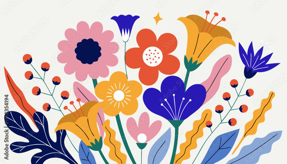 Fototapeta premium Very beautiful festive spring floral composition crafted from fresh colorful blossoms arranged on a light pastel background, creating a joyful decorative concept with soft copy space.