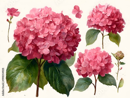 Several pink hydrangea blossoms with green leaves create a floral composition on a white background in a watercolor botanical style image.