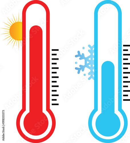 Hot and Cold Thermometer Temperature Comparison Vector Illustration with Sun and Snowflake Weather Icons